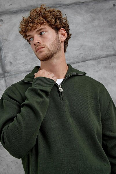 NOMARC Πράσινο πλεκτό oversized με μισό φερμουάρ