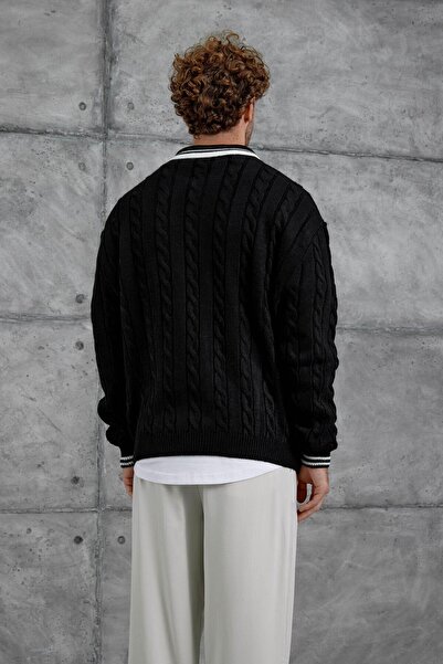 NOMARC Tricotaj oversize tricotat cu guler polo negru pentru bărbați