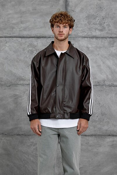 NOMARC Brown Nmrc Oversized Leather Jacket with Stripe Detail