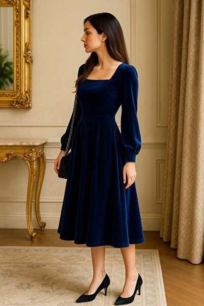 stylingpark Kare Yaka Uzun Kollu Midi Boy Elbise