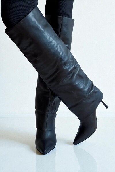ERS Air Comfort Siyah Hakiki Deri Kadın Diz Altı Çizme – 9 cm İnce Topuk Şık Sivri Burun