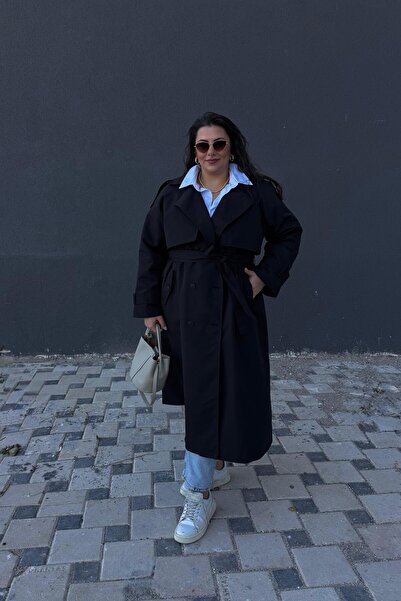 CHUL Büyük Beden Canvas Apolet Detaylı Astarlı Kemerli Uzun Trençkot - SİYAH