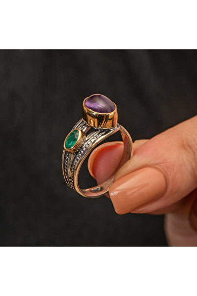 Gumush Gümüş Ametist Taşlı Zümrüt Otantik Ayarlanabilir Kadın Yüzük
