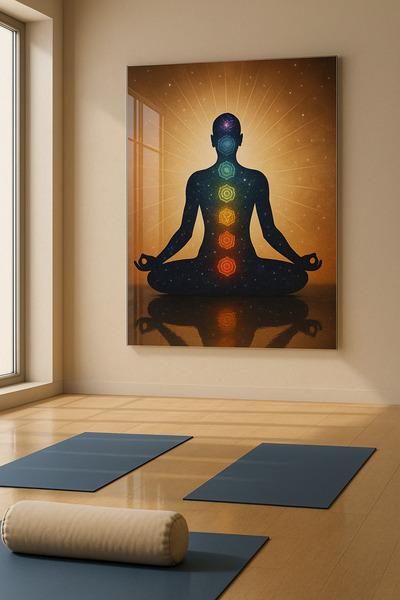 Chakra Meditasyon Temalı Çerçevesiz Cam Tablo – Modern Yoga Dekorasyonu