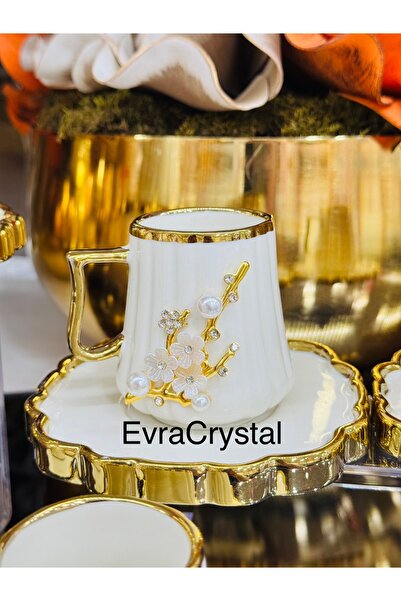 EVRA 6 Kişilik Gold İnci Taşlı Yeni Seri Kahve Fincan Takımı
