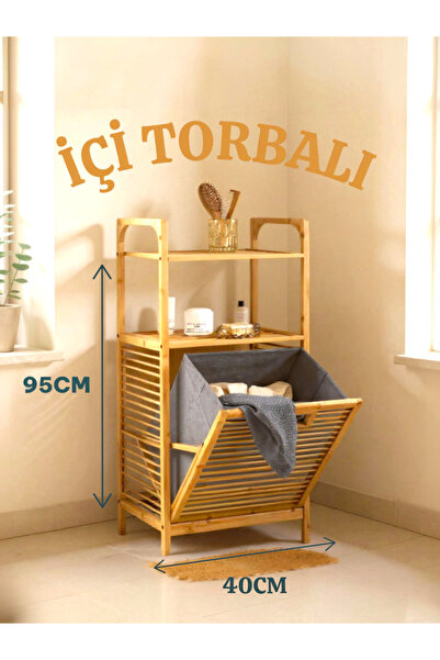 KRY Bambu 2 Raflı (Torbalı) Kirli Çamaşır Sepeti – Antrasit Renkli Modern Ban...