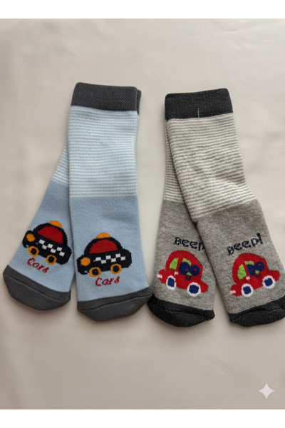 Sarler 2'li Kaydırmaz Tabanlı Pamuklu Bebek Çorabı Seti Araba Desenli Bebek Giyim Havlu Kalın Çocuk Çorap
