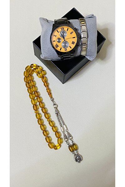 Yegane Turuncu ateş kehribar 925 ayar gümüş püsküllü&Saat&Bileklik erkek Kombin