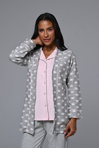 Lohussa Women's Gray Patterned Jacquard Buttoned Front Winter Design Maternity Pajama Set