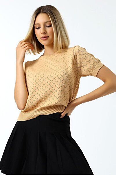 TİSTA Women's Biscuit Baklava Patterned Short Sleeve Openwork Knitwear Blouse
