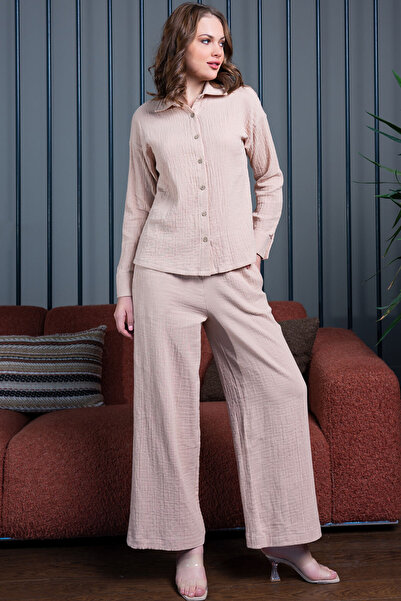 VİENETTA Cotton Women's Muslin Long Sleeve Loose Pants Set, 409253