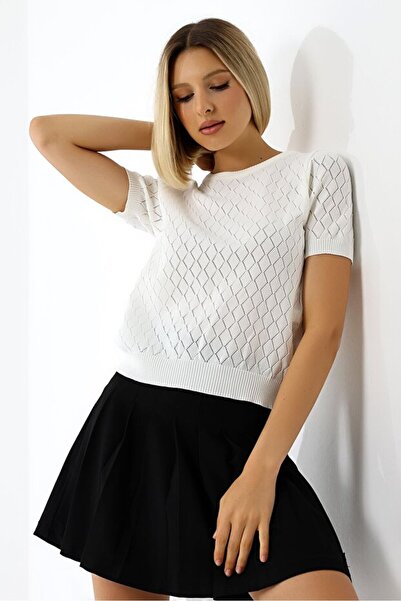 TİSTA Bluză de tricotaj ajurată cu mânecă scurtă cu model Baklava alb pentru femei