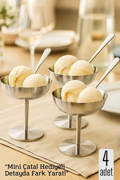 Transformacion 4-Piece Silver Inox Steel Footed Ice Cream and Presentation Bowl – Dessert, Turkish Delight and Presentation Container 722194