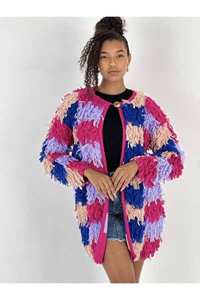 Miss Poem Women's Open Front Single Button Colorful Tassel Powder Cardigan