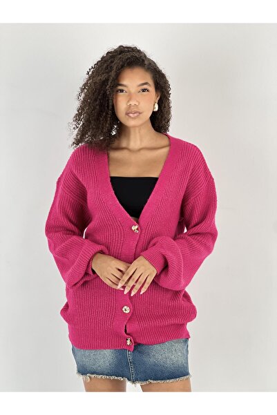 Miss Poem Women's Balloon Sleeve Buttoned Fuchsia Knitwear Cardigan