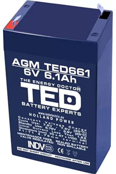 OEM Acumulator AGM VRLA 6V 6.1A 70mm x 48mm x h 101mm F1 TED Battery Expert H...