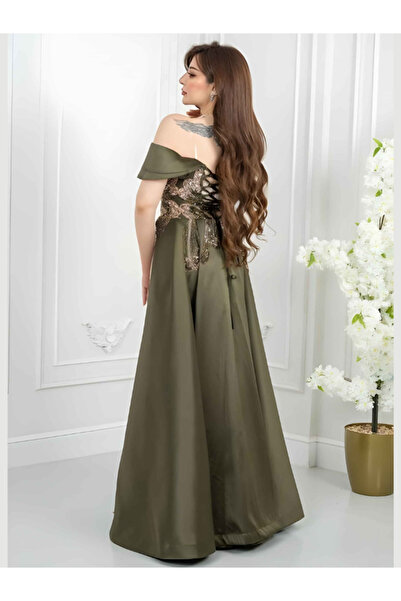 Nice Model Olive Mikado Off-Shoulder Evening Gown Sequin Embroidered Long Formal Dress Royal Train