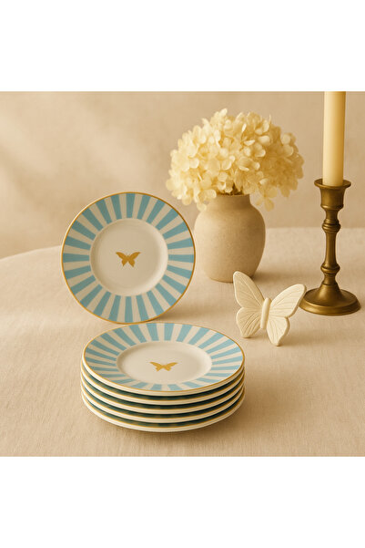 porselenden Bomonty Turquoise 6 Person 13 cm Tea Plate Hand Decorated Premium Porcelain