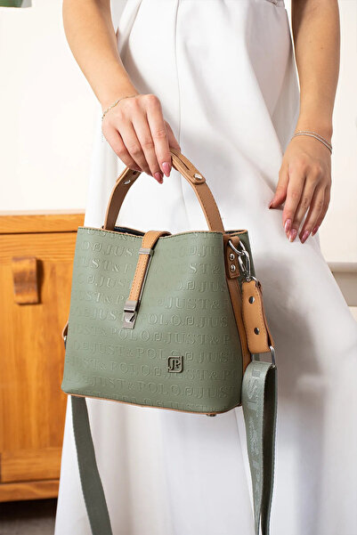 JP POLO Geantă de umăr și crossbody impermeabilă pentru femei, originală Just Polo, verde, maro, cu 3 compartimente, 22 X 20 CM