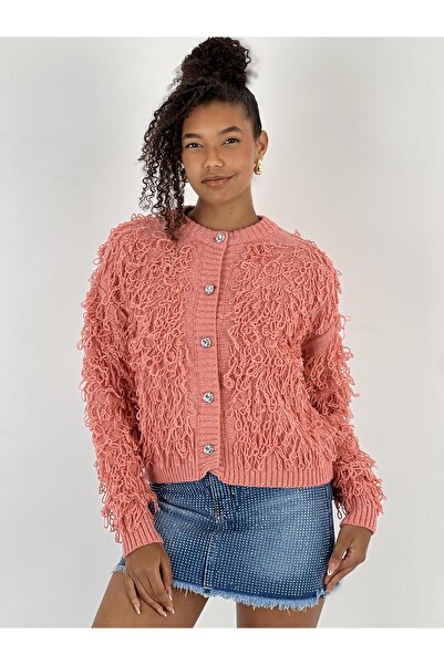 Miss Poem Women's Tassel Detailed Buttoned Salmon Cardigan