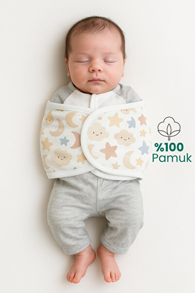 Nilmera Bebek Yarım Kundak 0-4 Ay Bulut Desenli %100 Pamuk Çift Taraflı Bel Destekli Hazır Kemer Kundak