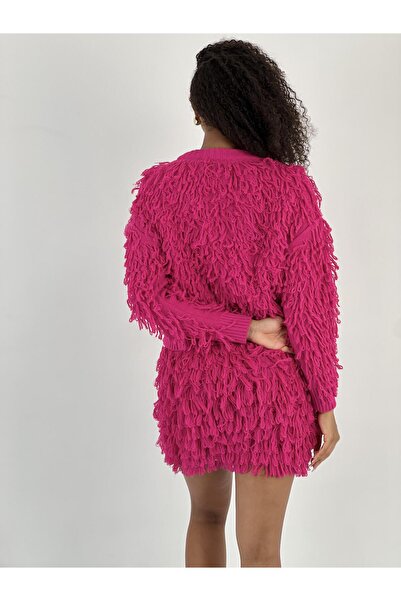 Miss Poem Women's Shiny Stone Buttoned Tasseled Fuchsia Cardigan