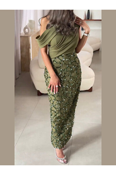 Nice Model Olive Green Sequined Evening Dress One Shoulder Draped Beaded Long Formal Gown Luxury Tulle