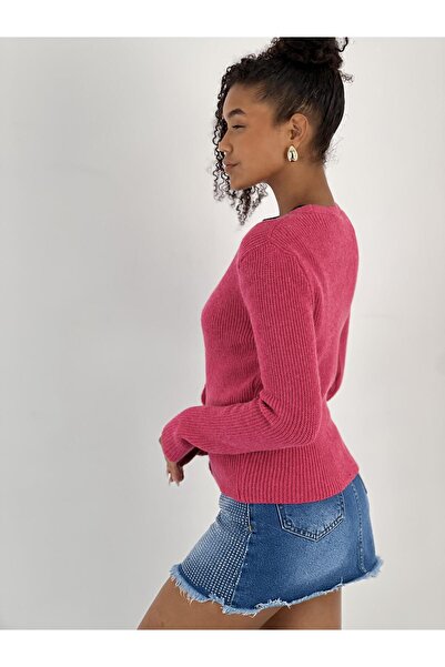 Miss Poem Women's Fuchsia V-Neck Buttoned Fuchsia Ribbed Knit Cardigan