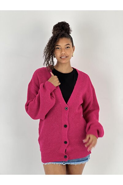 Miss Poem Women's Off-Shoulder V-Neck Fuchsia Knitwear Cardigan