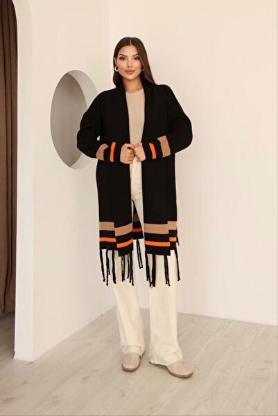 bacc Women's black tasseled color block long knit cardigan bces-253002