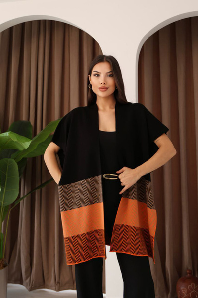 bacc Women's Black Zigzag Patterned Color Block Wide Cut Cardigan