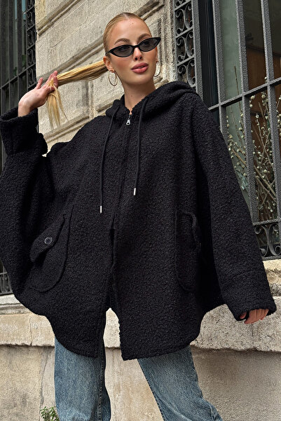 bacc Γυναικείο μαύρο μπουφάν με μανίκια με διπλή τσέπη oversized Boucle Jacket Coat BCVL-25V601