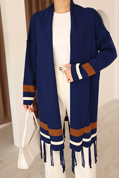 bacc Women's navy blue tasseled color block long knit cardigan bces-253002