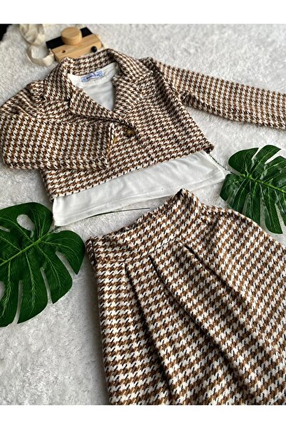 CANSU BUTİK Girl's Brown 3-Piece Skirted Suit