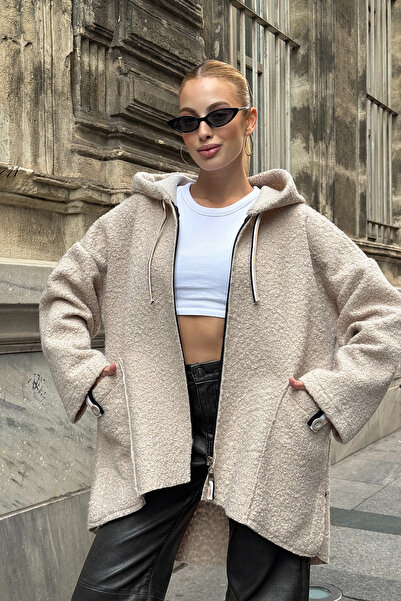 bacc Kadın Taş Kapüşonlu Çift Cepli Oversize Buklet Ceket Mont BCVL-25V605