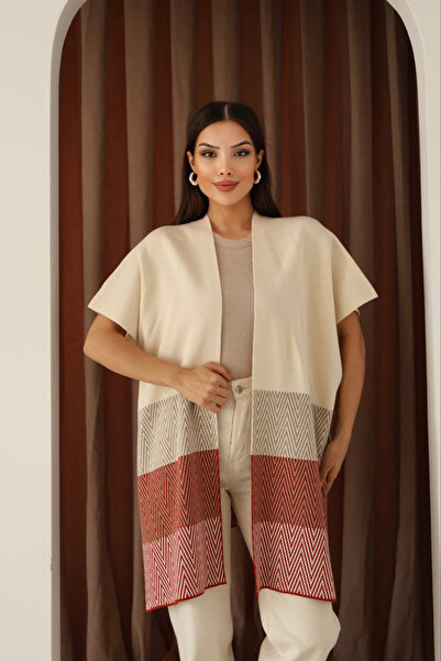 bacc Women's Beige Zigzag Patterned Color-Blocked Wide-Cut Cardigan
