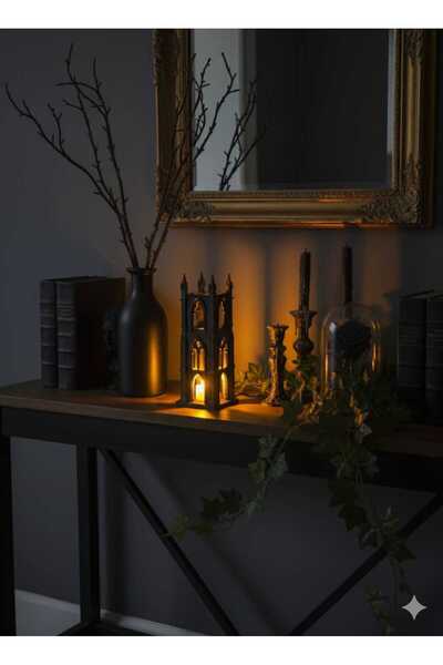 Dropcek eticaret Siyah İskandinav Gotik Şato Tasarımlı Dekoratif LED Mumluk v...
