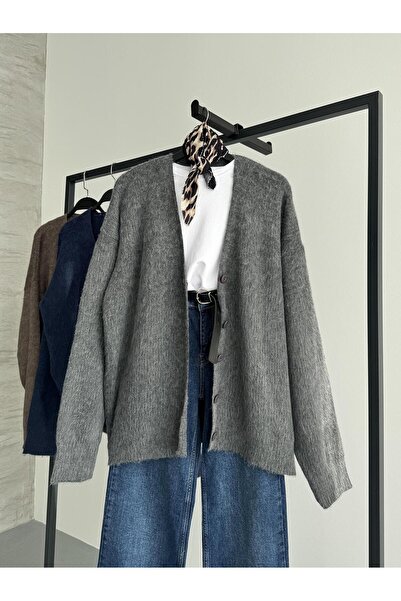 FERZOLAİO Plain Anthracite Knit Cardigan