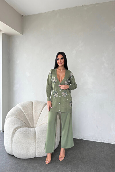 kamacibutik V-Neck Embroidered Bead Detailed Knitwear Set