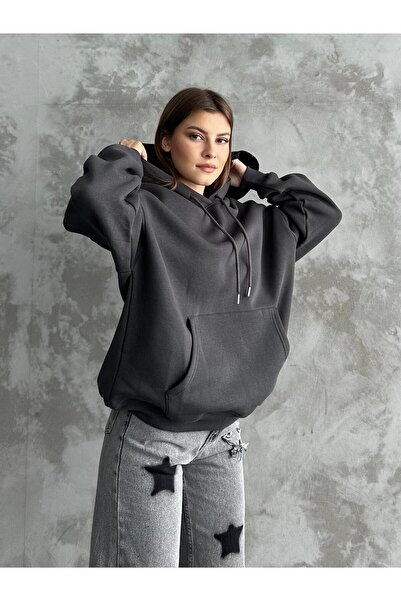 FERZOLAİO Unisex Kangaroo Pocket Hooded Anthracite Sweatshirt