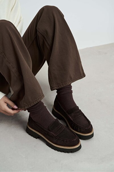 NİŞANTAŞI SHOES Alevtina Brown Suede Genuine Leather Thick Sole Women's Loafer Shoes