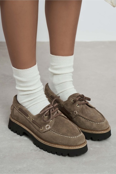 NİŞANTAŞI SHOES Delmar Koyu Bej Süet Hakiki Deri Bağcık Detay Kalın Taban Loafer Kadın Ayakkabı