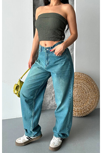 Işıltı kidss Baggy Stone Enzyme Mustache Washing Jeans Παντελόνι Πράσινο Χρώμα D2007