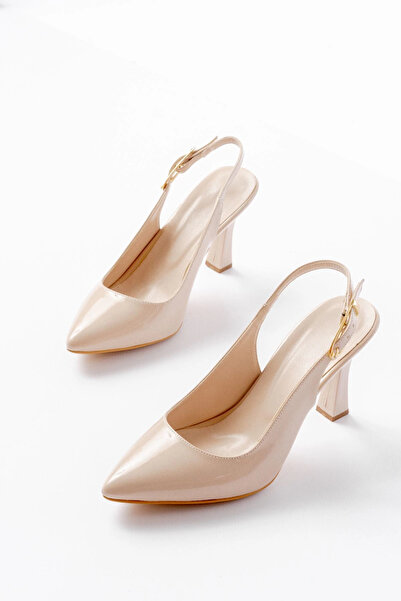 Budi 719 Beige Patent Leather Pointed Toe Buckle Detailed Heeled Women's Shoes