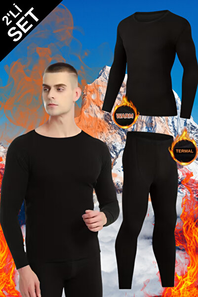 De Bijoura Men's Winter Black Thermal Underwear Set Thermal Leggings and Top Long Sleeve Thermal Underwear