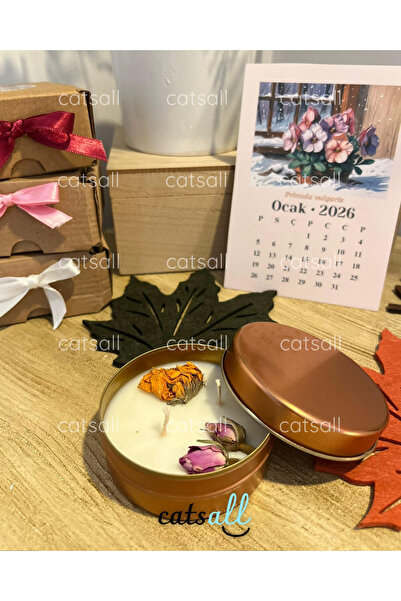 catsall Vanilya Kokulu El Yapımı Dekoratif Soya Mum – Kuru Çiçek Süslemeli, K...