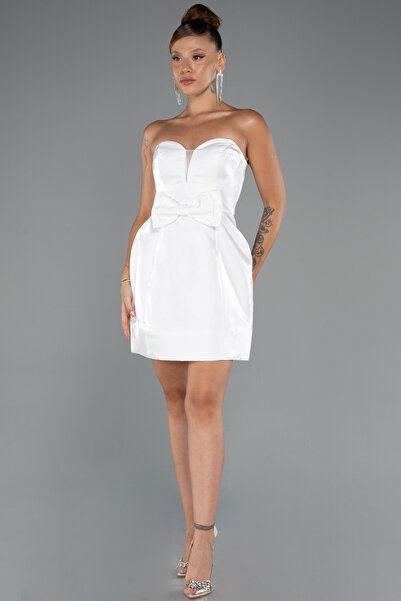 Abiyefon Ekru Straplez Mini Saten Gece Elbisesi ABK2439