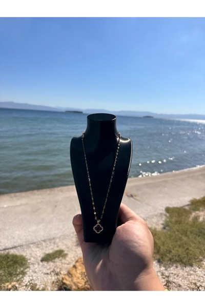 Ben Aleina Taşlı Yonca Gold Kolye Bordo Kolye