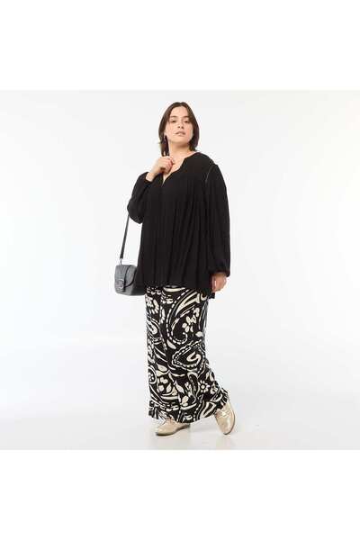 KIABI Patterned wide-leg trousers with elasticated waist BLACK