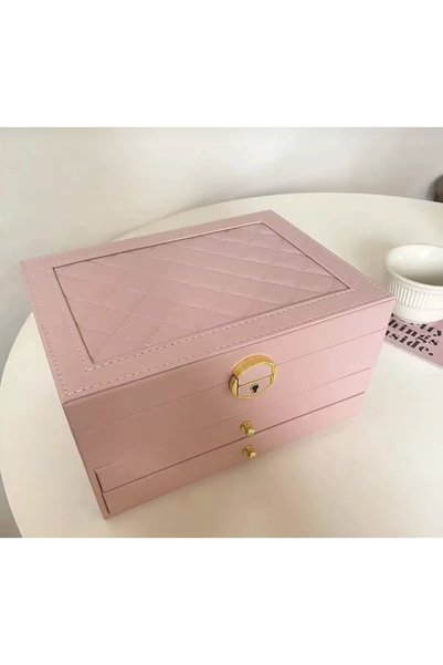 Generic Brand Pink Outside Leather Inside Velvet 3 Layers Jewelry Bijouterie Jewellery Box Organizer